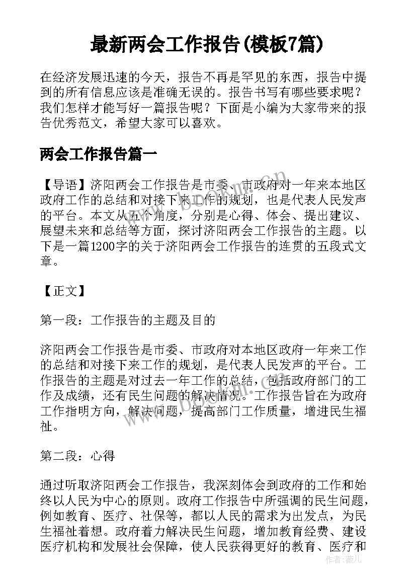 最新两会工作报告(模板7篇)