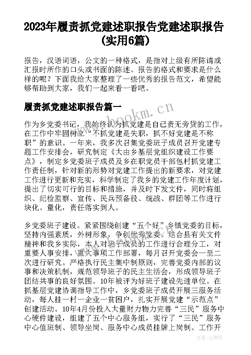 2023年履责抓党建述职报告 党建述职报告(实用6篇)