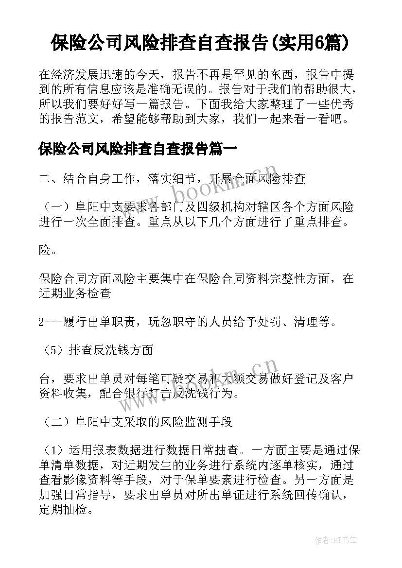 保险公司风险排查自查报告(实用6篇)