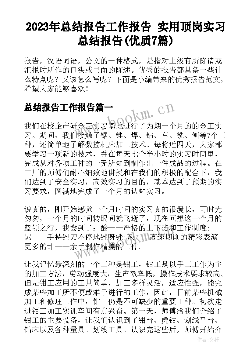 2023年总结报告工作报告 实用顶岗实习总结报告(优质7篇)