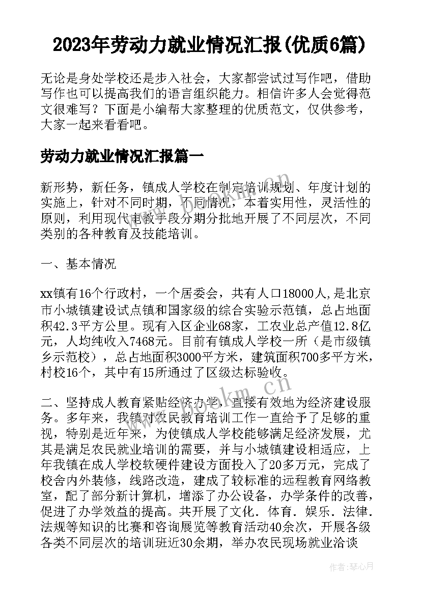 2023年劳动力就业情况汇报(优质6篇)