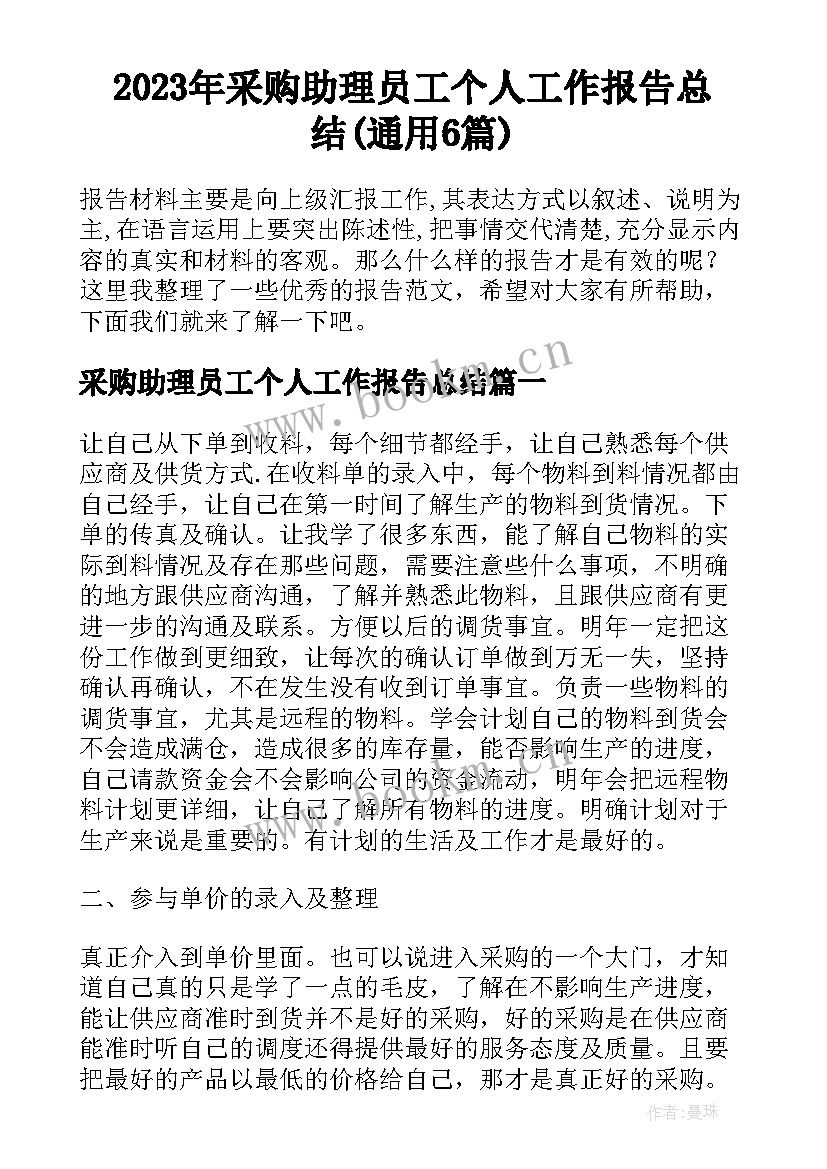 2023年采购助理员工个人工作报告总结(通用6篇)