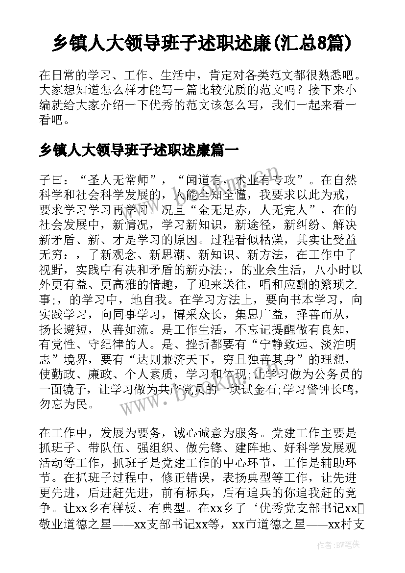 乡镇人大领导班子述职述廉(汇总8篇)