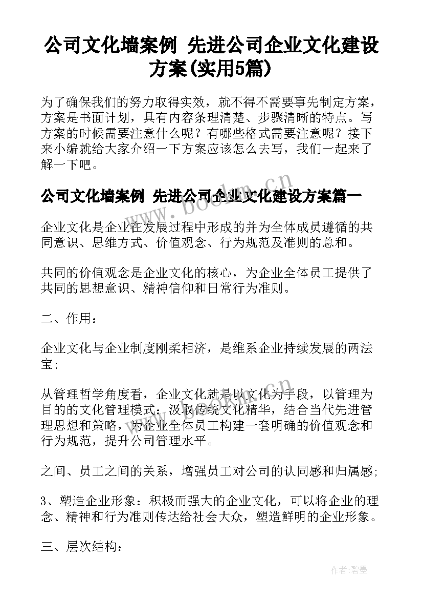 公司文化墙案例 先进公司企业文化建设方案(实用5篇)