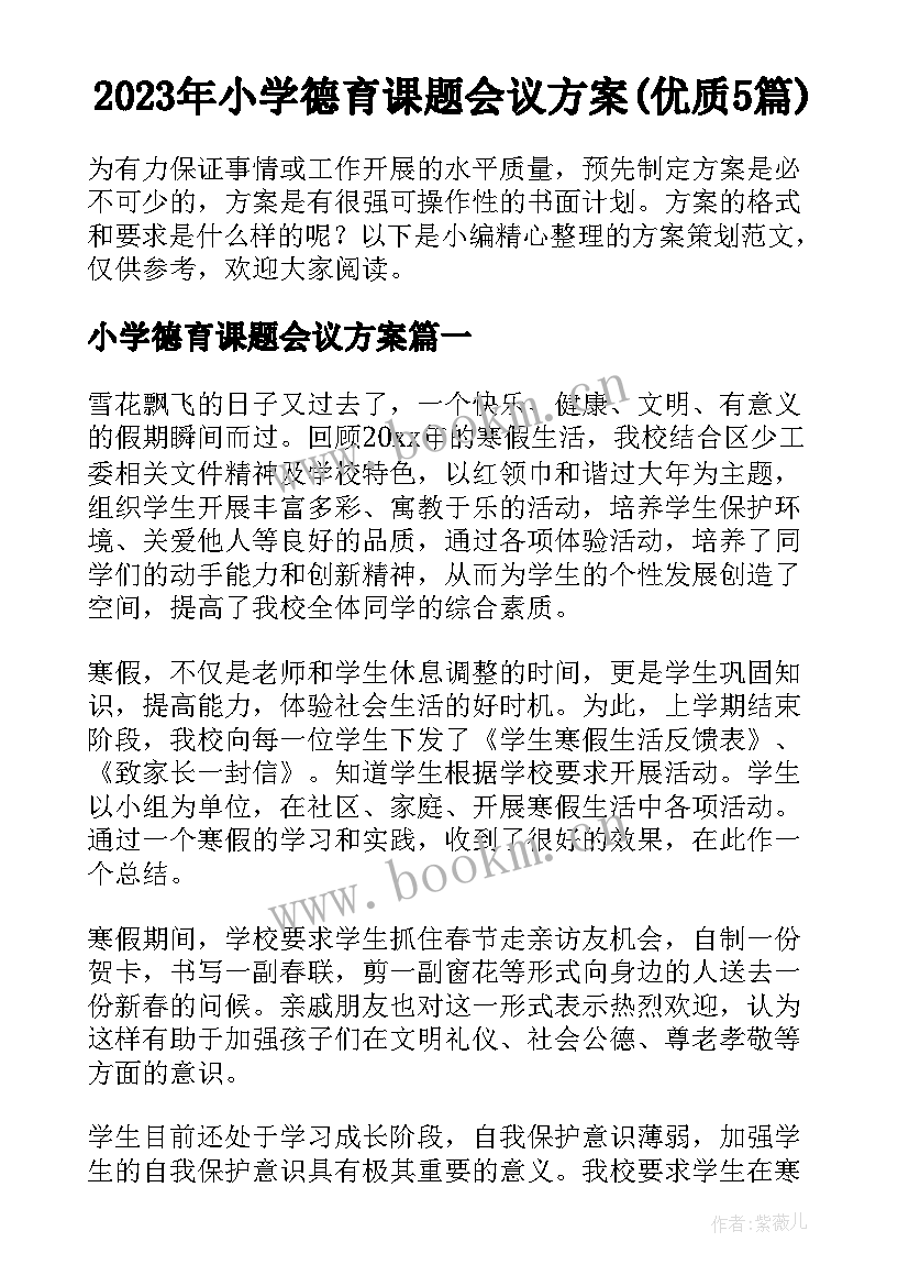 2023年小学德育课题会议方案(优质5篇)