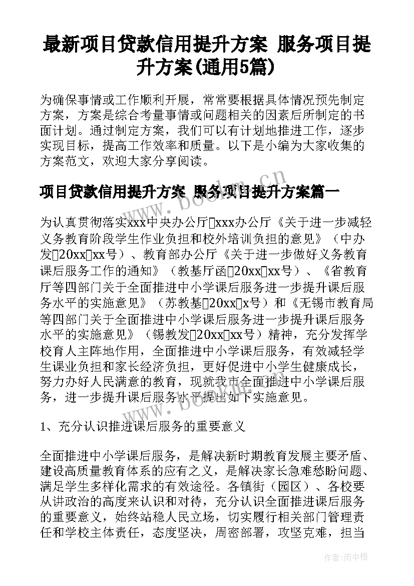 最新项目贷款信用提升方案 服务项目提升方案(通用5篇)