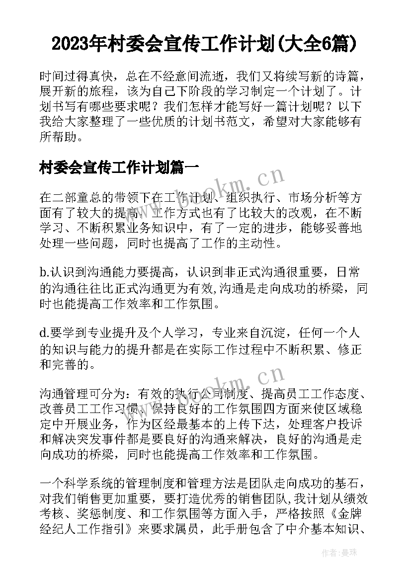 2023年村委会宣传工作计划(大全6篇)