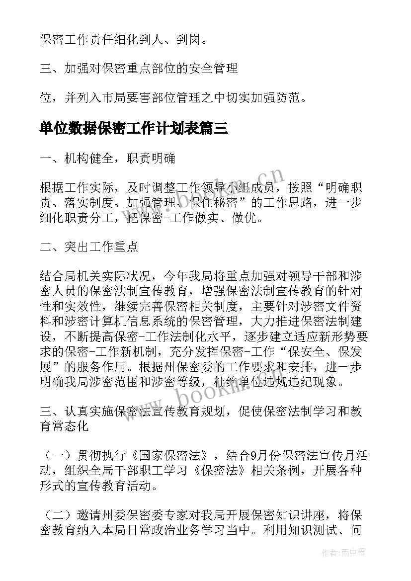 2023年单位数据保密工作计划表(实用5篇)