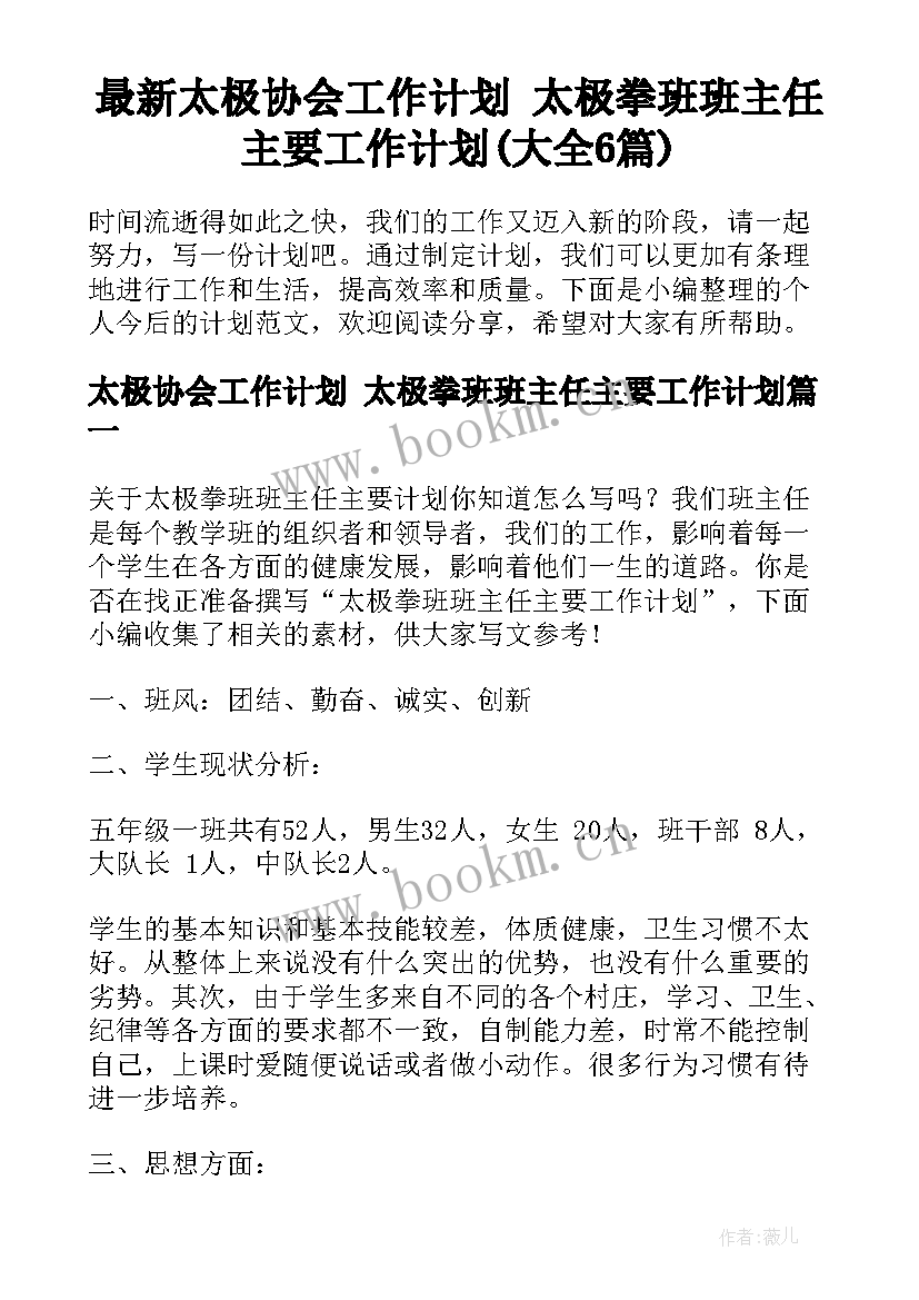 最新太极协会工作计划 太极拳班班主任主要工作计划(大全6篇)