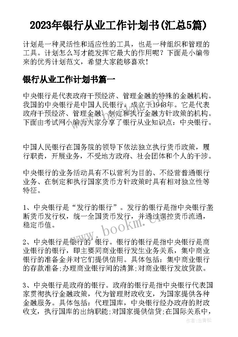 2023年银行从业工作计划书(汇总5篇)