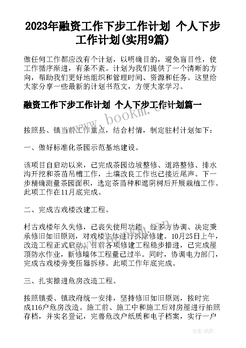 2023年融资工作下步工作计划 个人下步工作计划(实用9篇)