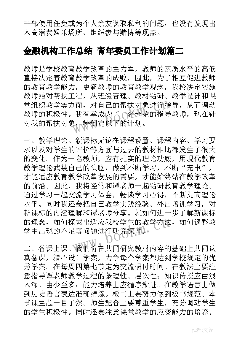 最新金融机构工作总结 青年委员工作计划(模板6篇)