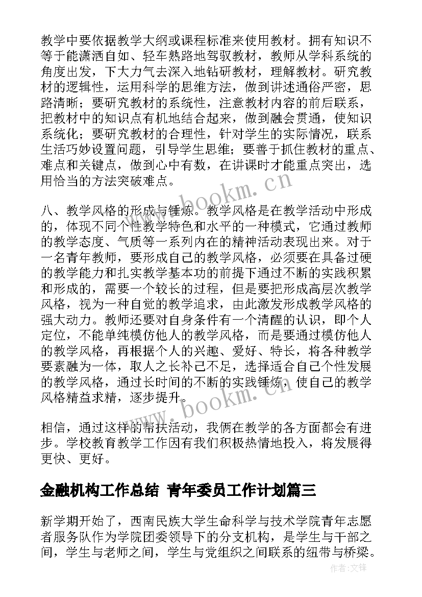 最新金融机构工作总结 青年委员工作计划(模板6篇)