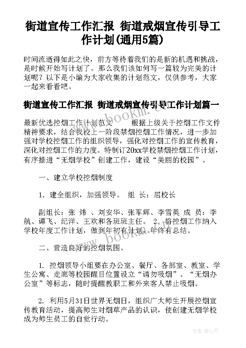 街道宣传工作汇报 街道戒烟宣传引导工作计划(通用5篇)