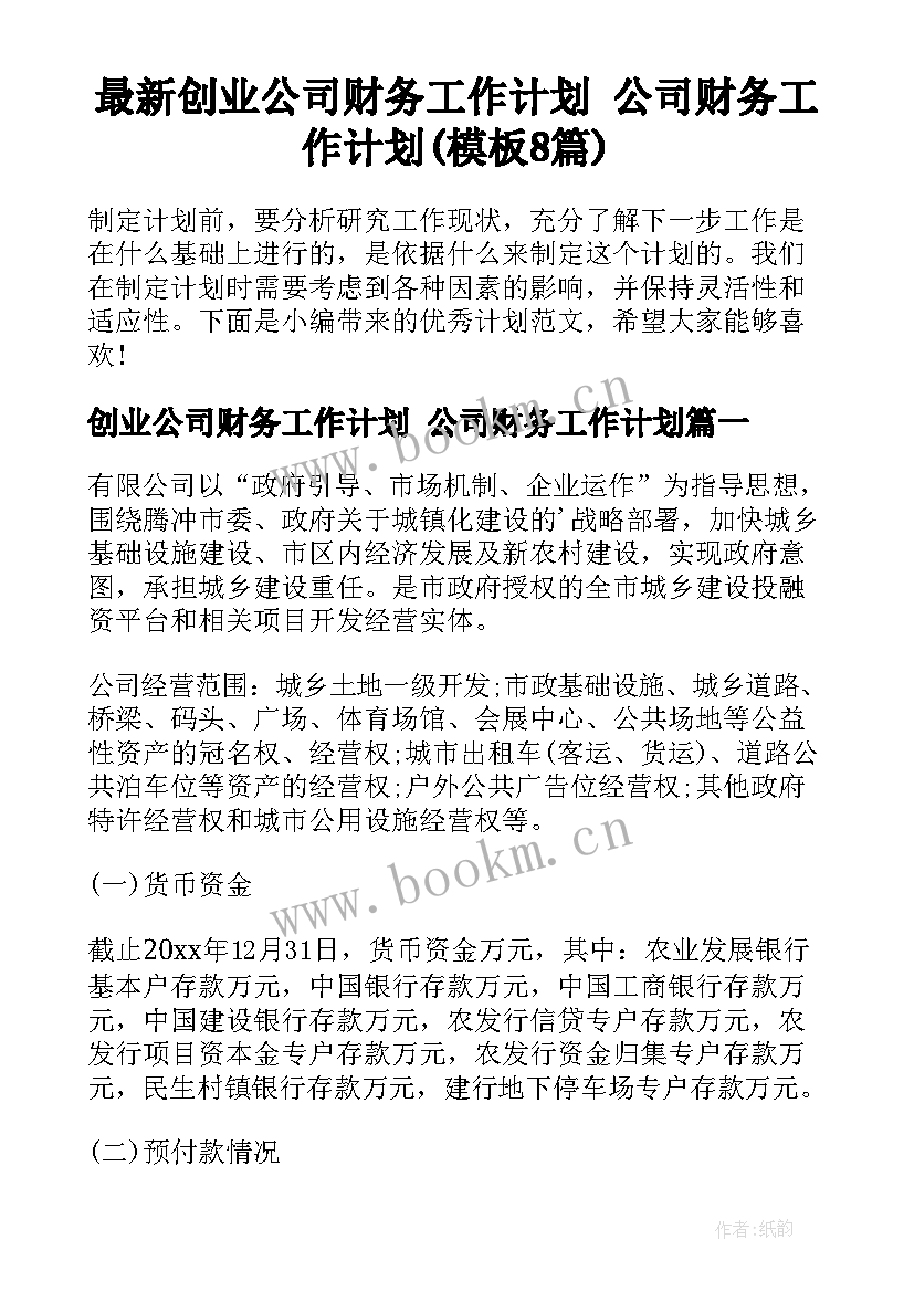 最新创业公司财务工作计划 公司财务工作计划(模板8篇)