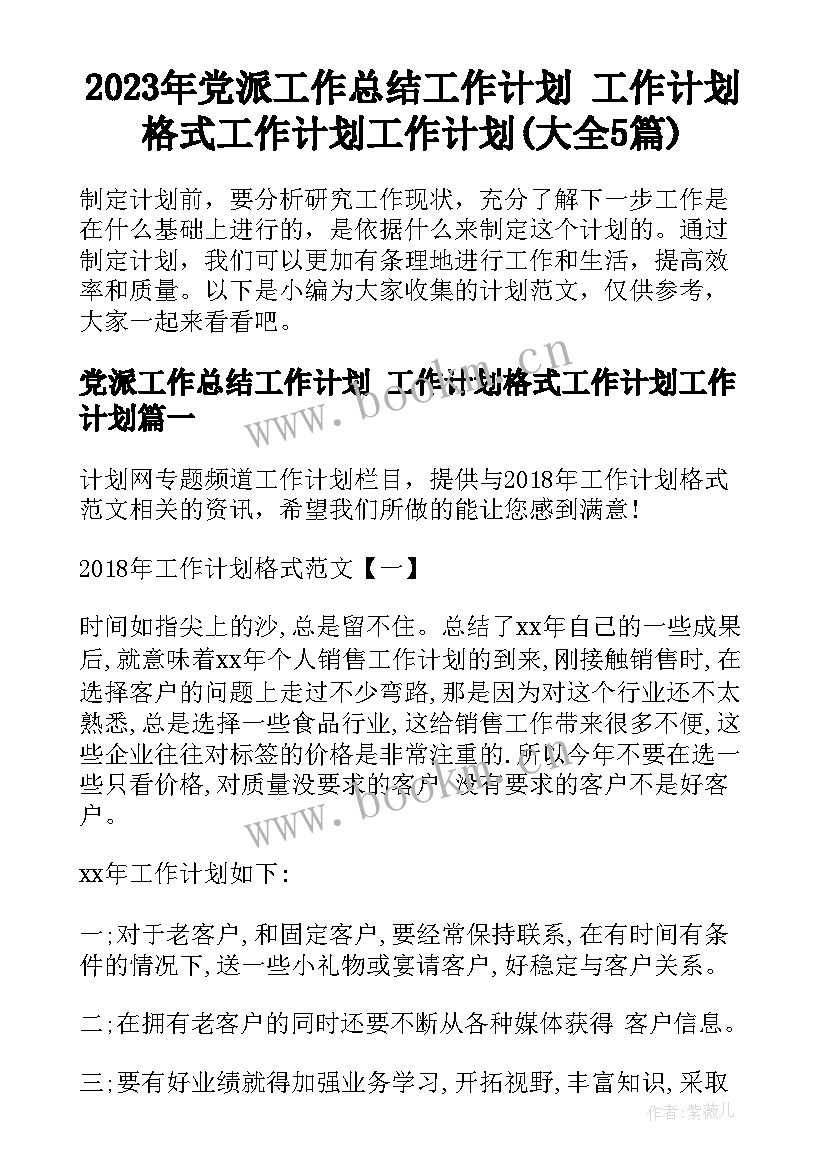 2023年党派工作总结工作计划 工作计划格式工作计划工作计划(大全5篇)