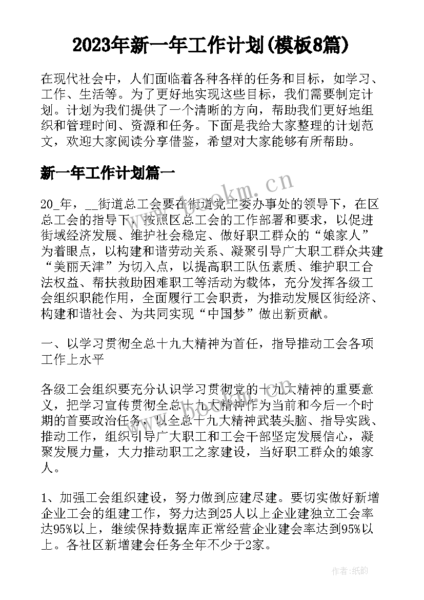 2023年新一年工作计划(模板8篇)