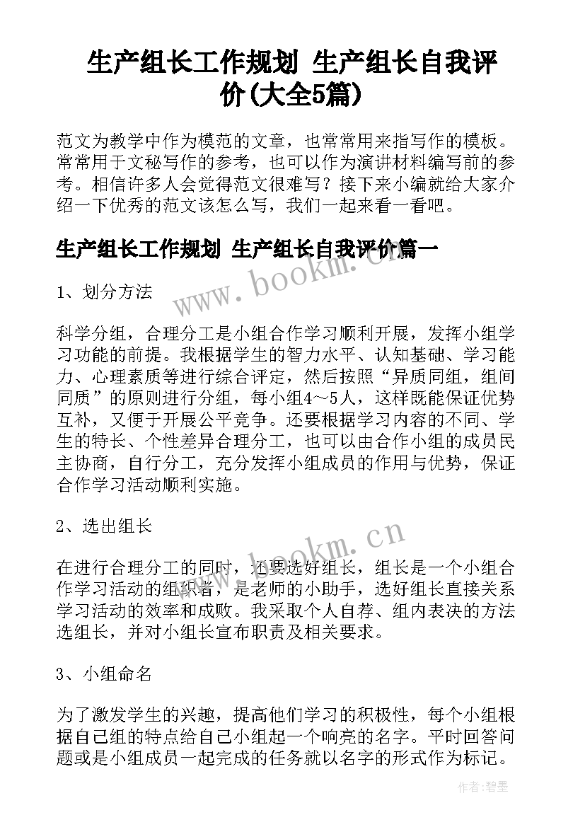 生产组长工作规划 生产组长自我评价(大全5篇)