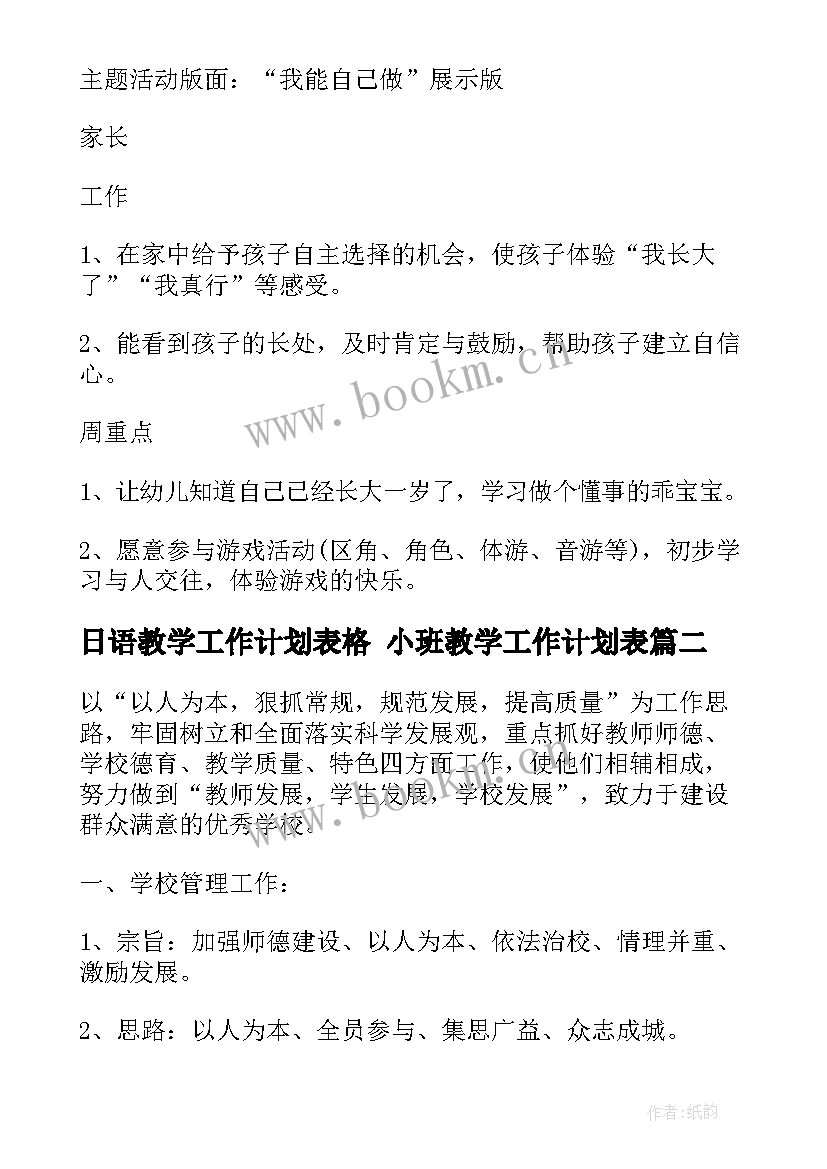 2023年日语教学工作计划表格 小班教学工作计划表(模板7篇)