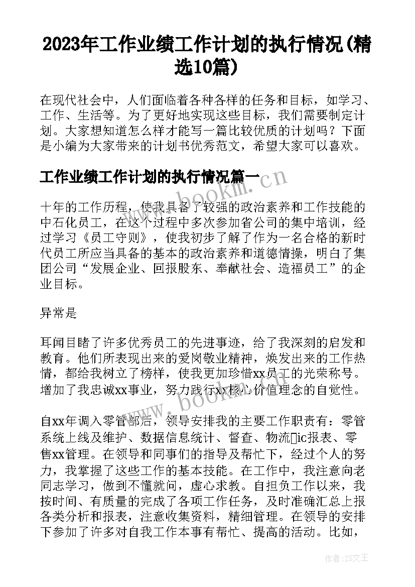 2023年工作业绩工作计划的执行情况(精选10篇)