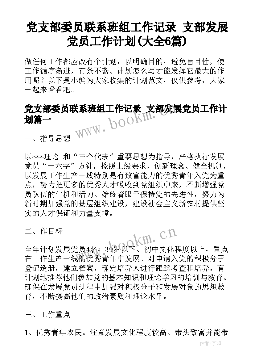 党支部委员联系班组工作记录 支部发展党员工作计划(大全6篇)