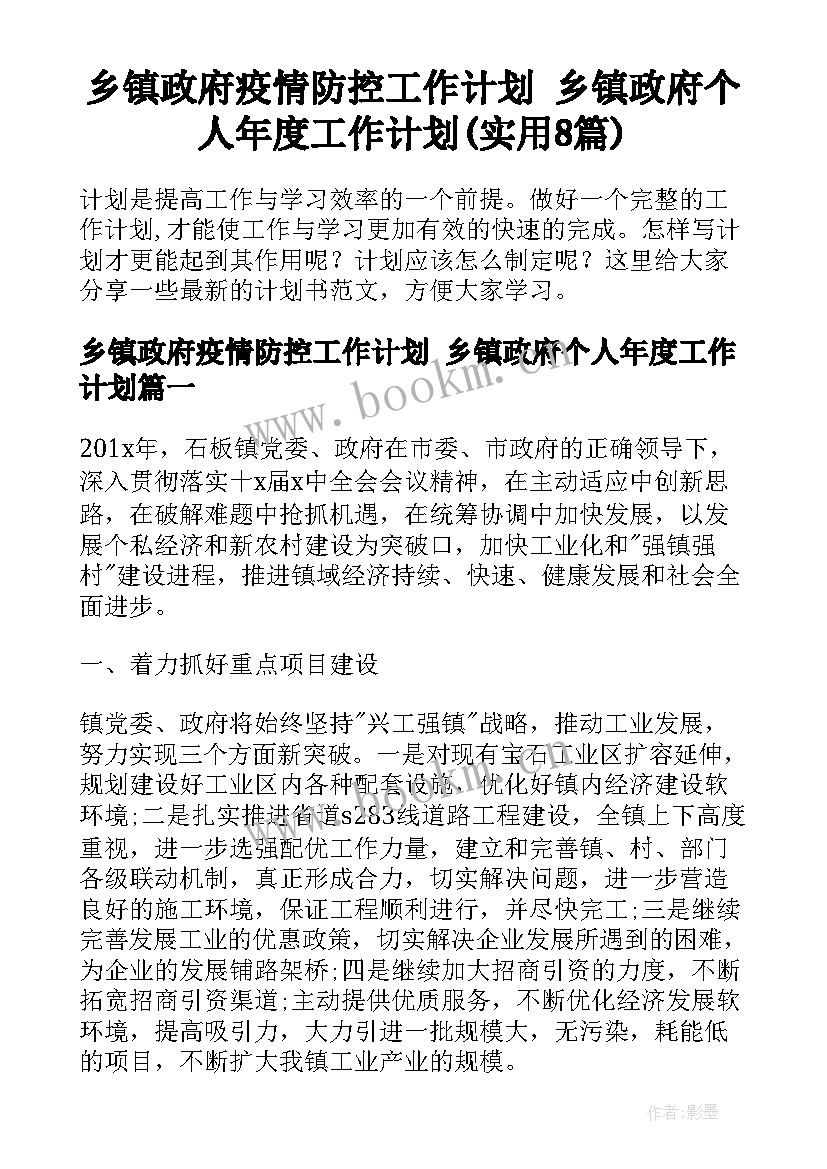 乡镇政府疫情防控工作计划 乡镇政府个人年度工作计划(实用8篇)