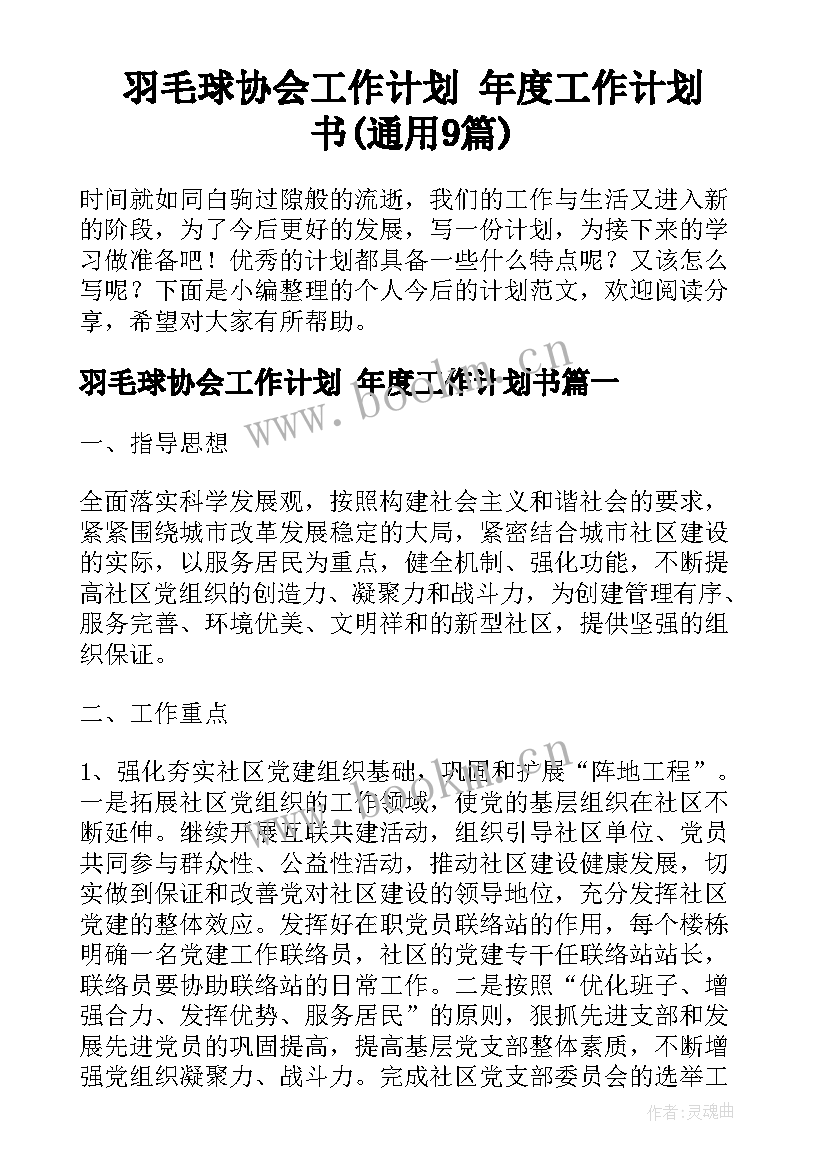 羽毛球协会工作计划 年度工作计划书(通用9篇)