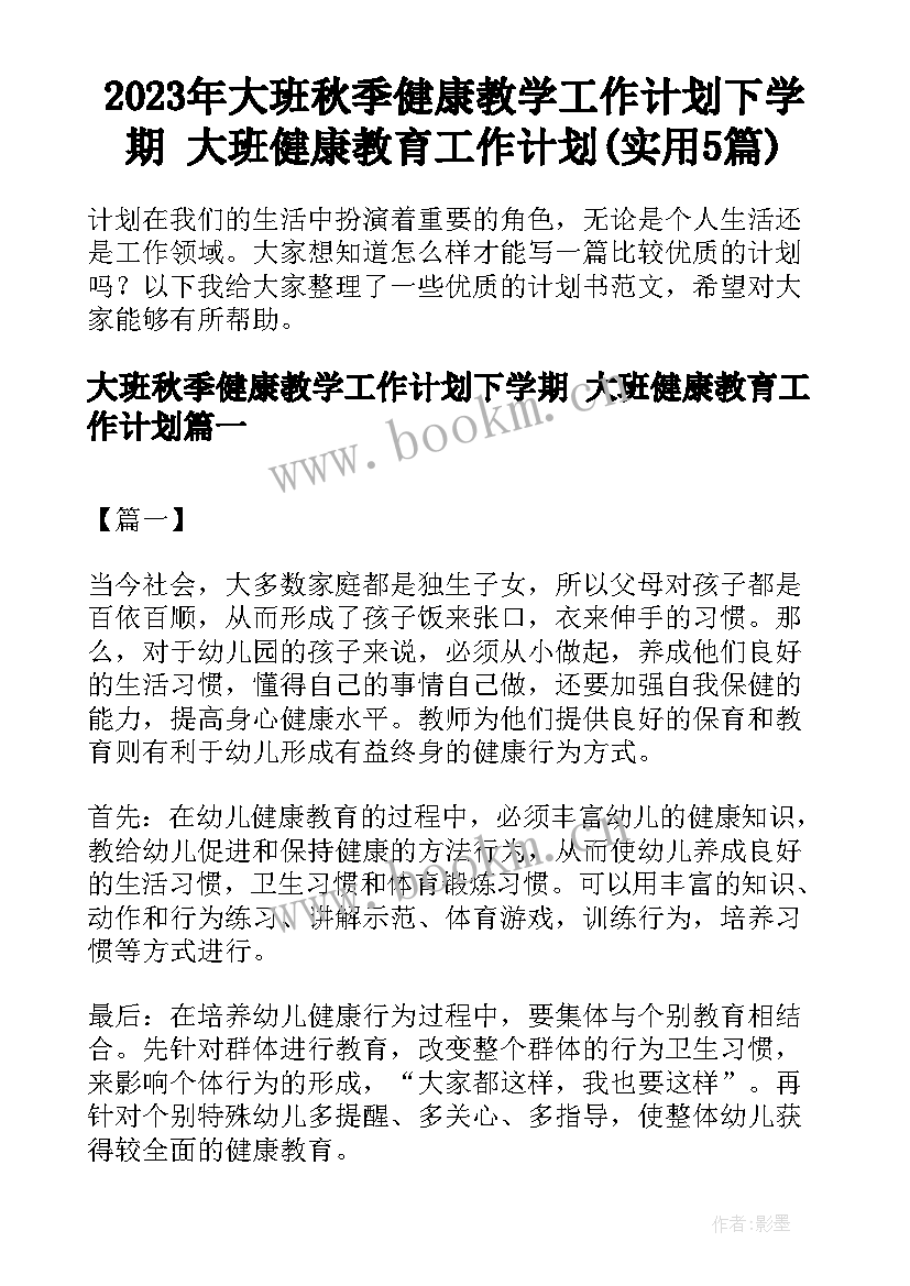 2023年大班秋季健康教学工作计划下学期 大班健康教育工作计划(实用5篇)