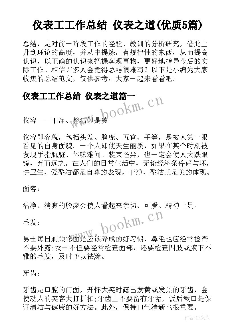 仪表工工作总结 仪表之道(优质5篇)