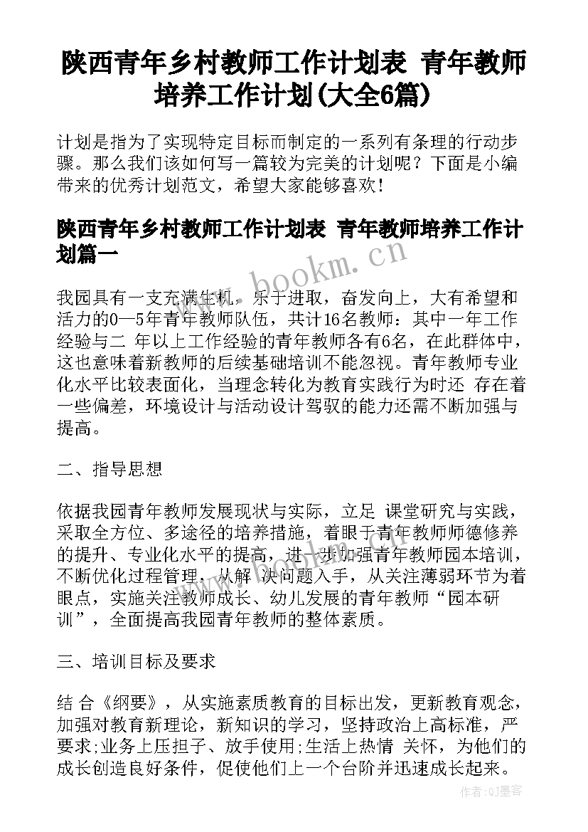 陕西青年乡村教师工作计划表 青年教师培养工作计划(大全6篇)