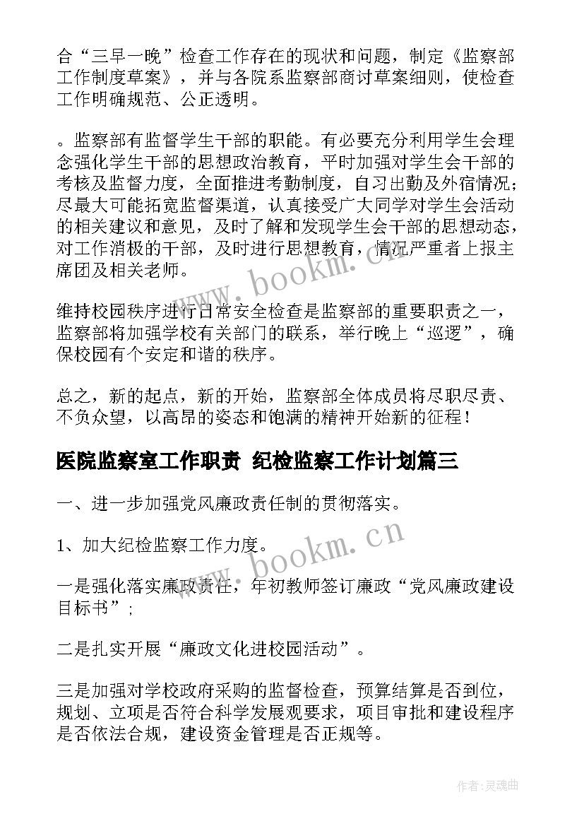 医院监察室工作职责 纪检监察工作计划(模板8篇)