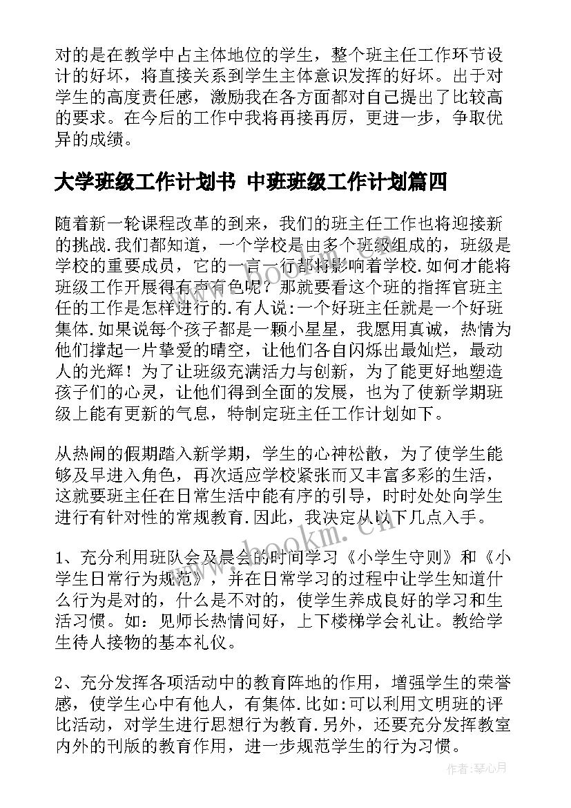 最新大学班级工作计划书 中班班级工作计划(优质5篇)