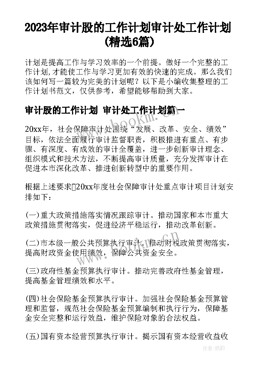 2023年审计股的工作计划 审计处工作计划(精选6篇)