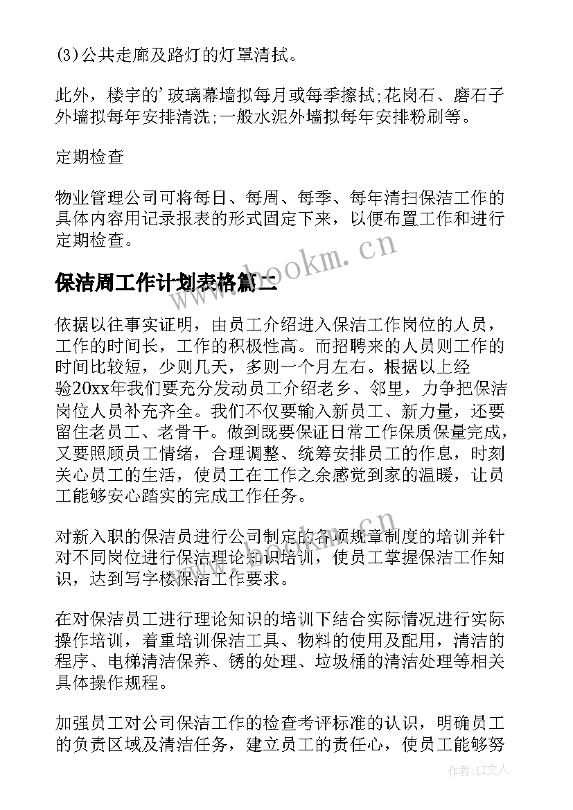 2023年保洁周工作计划表格(优质7篇)