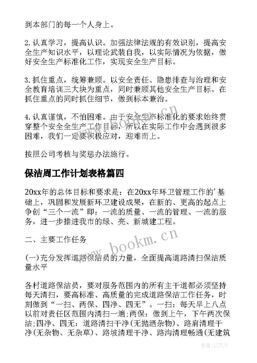 2023年保洁周工作计划表格(优质7篇)