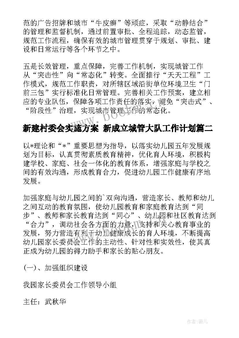 最新新建村委会实施方案 新成立城管大队工作计划(实用5篇)