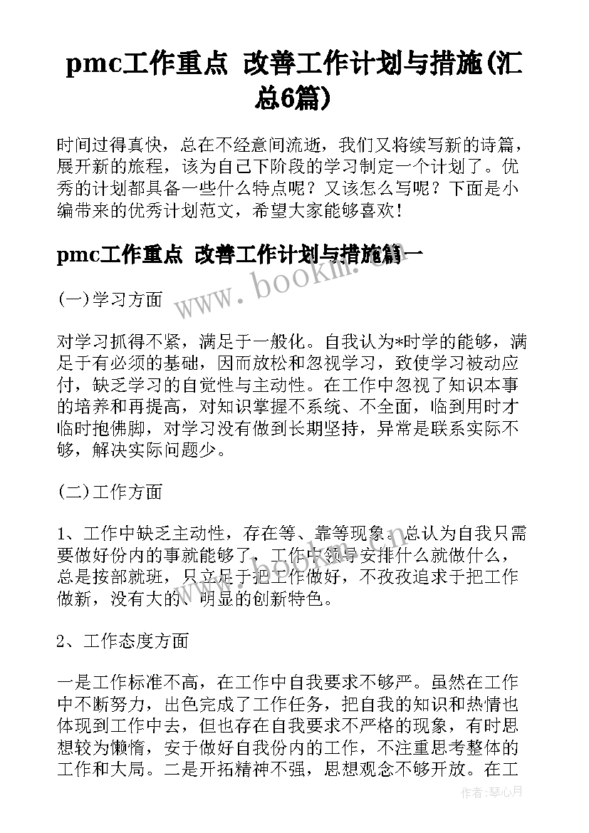 pmc工作重点 改善工作计划与措施(汇总6篇)