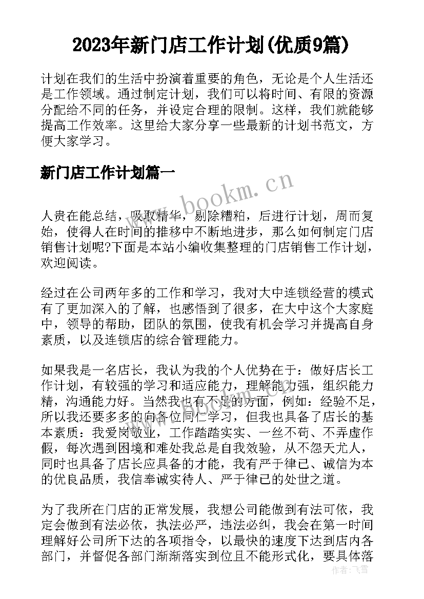 2023年新门店工作计划(优质9篇)