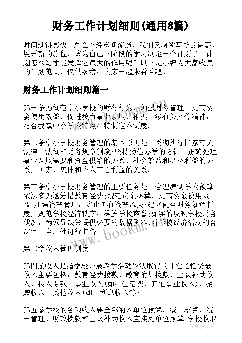 财务工作计划细则(通用8篇)