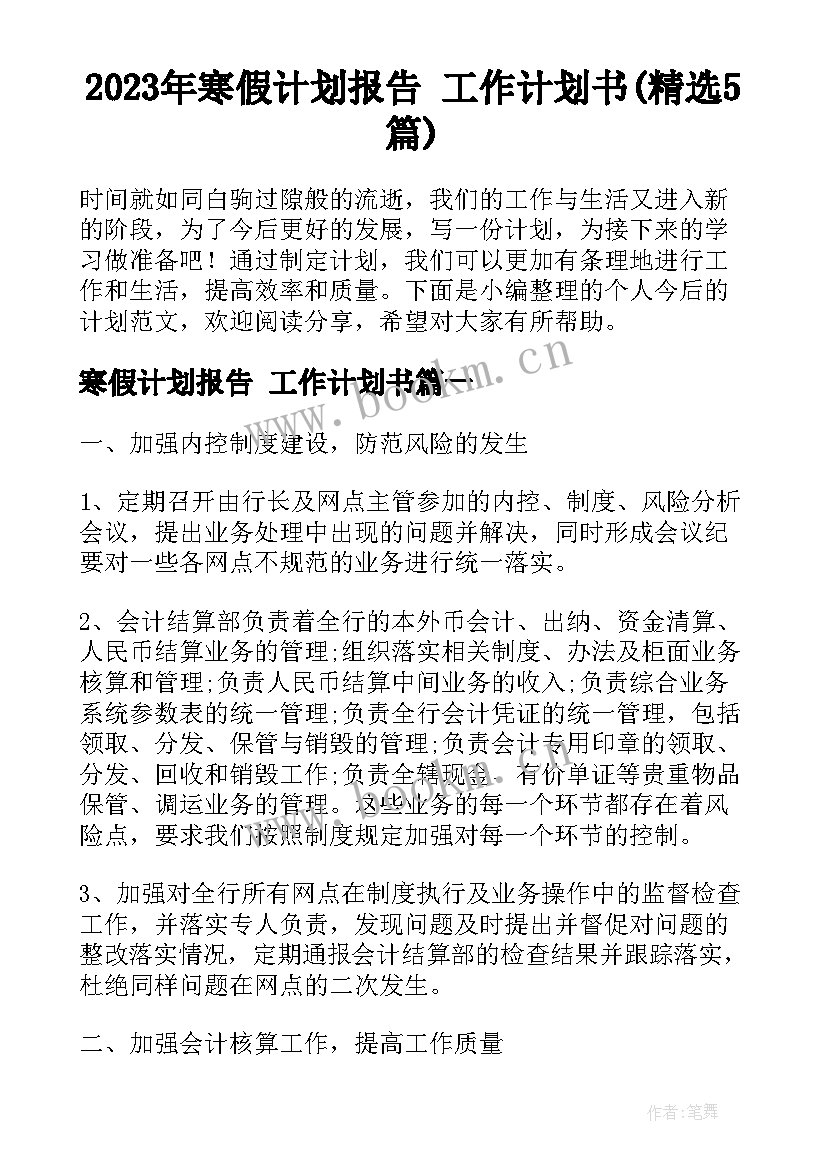 2023年寒假计划报告 工作计划书(精选5篇)