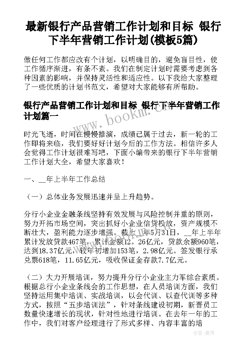 最新银行产品营销工作计划和目标 银行下半年营销工作计划(模板5篇)