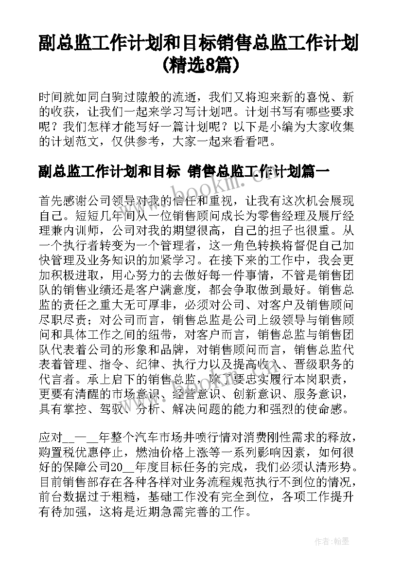 副总监工作计划和目标 销售总监工作计划(精选8篇)