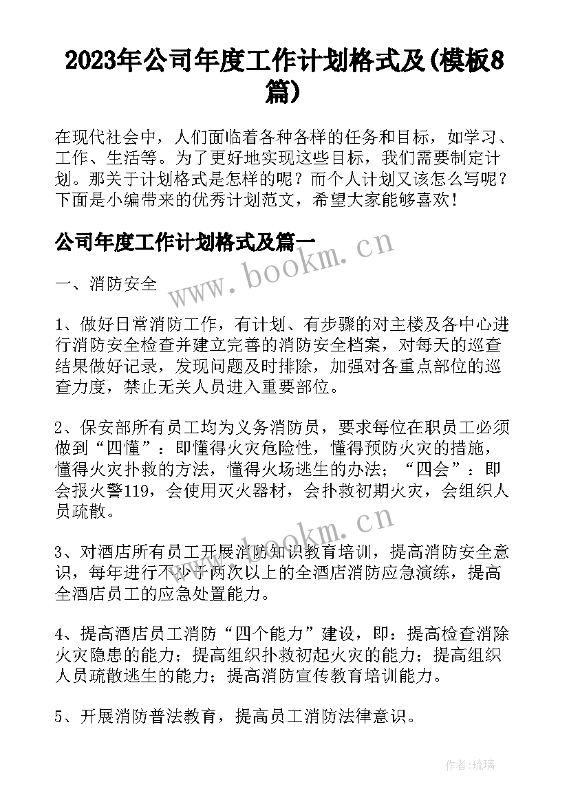 2023年公司年度工作计划格式及(模板8篇)