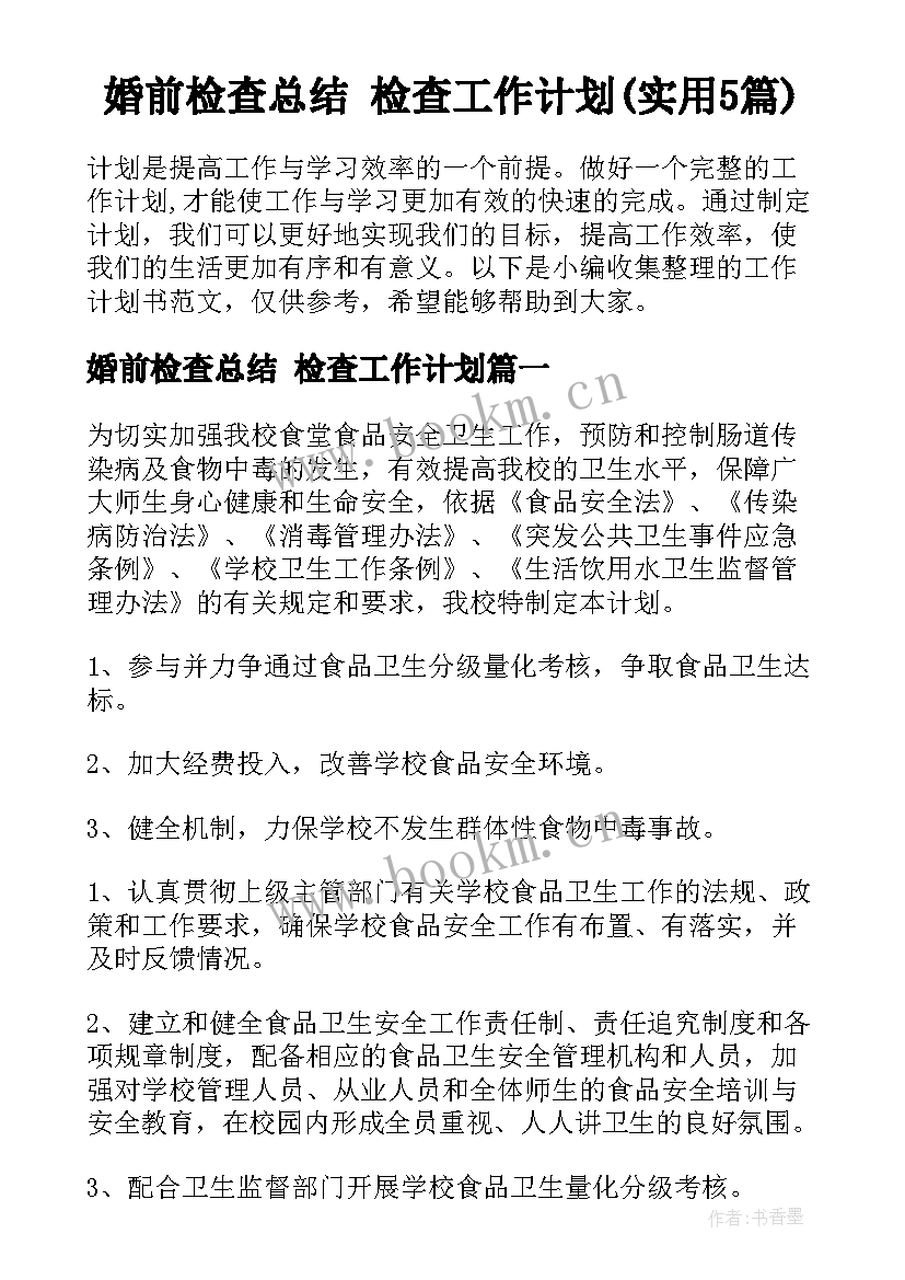 婚前检查总结 检查工作计划(实用5篇)