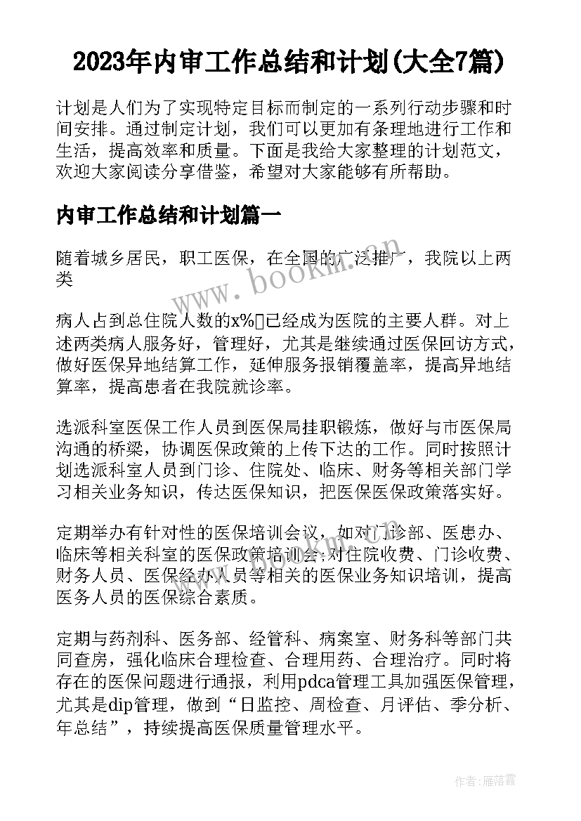 2023年内审工作总结和计划(大全7篇)