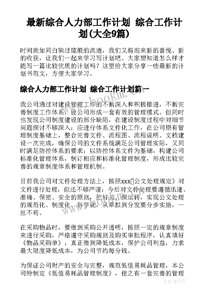 最新综合人力部工作计划 综合工作计划(大全9篇)