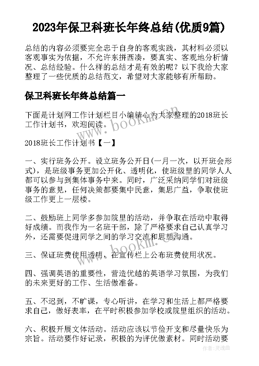 2023年保卫科班长年终总结(优质9篇)