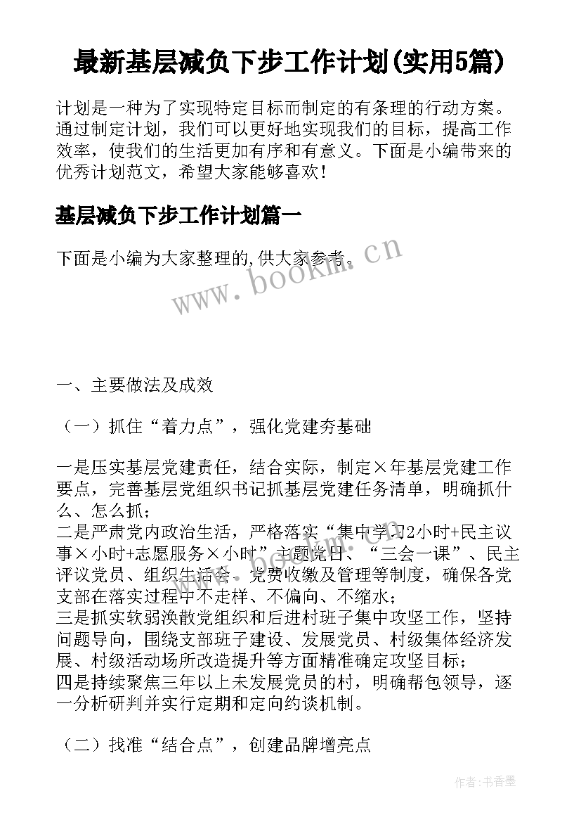 最新基层减负下步工作计划(实用5篇)