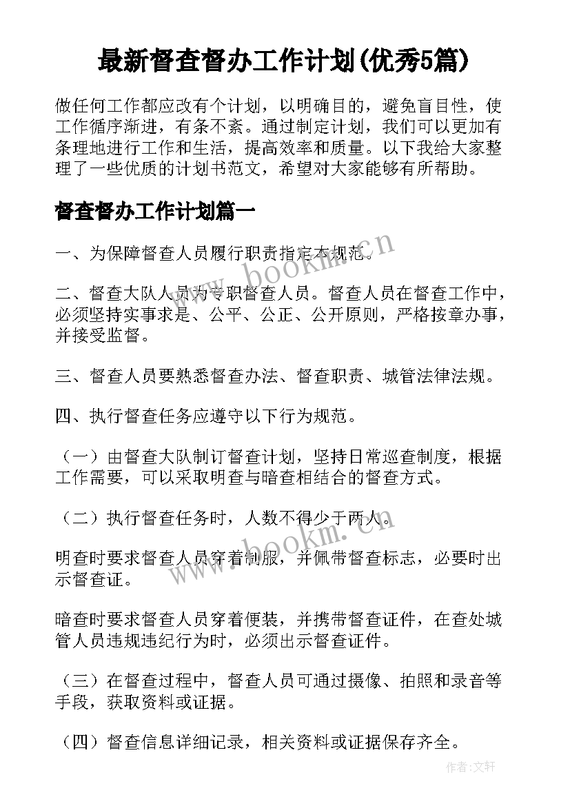 最新督查督办工作计划(优秀5篇)