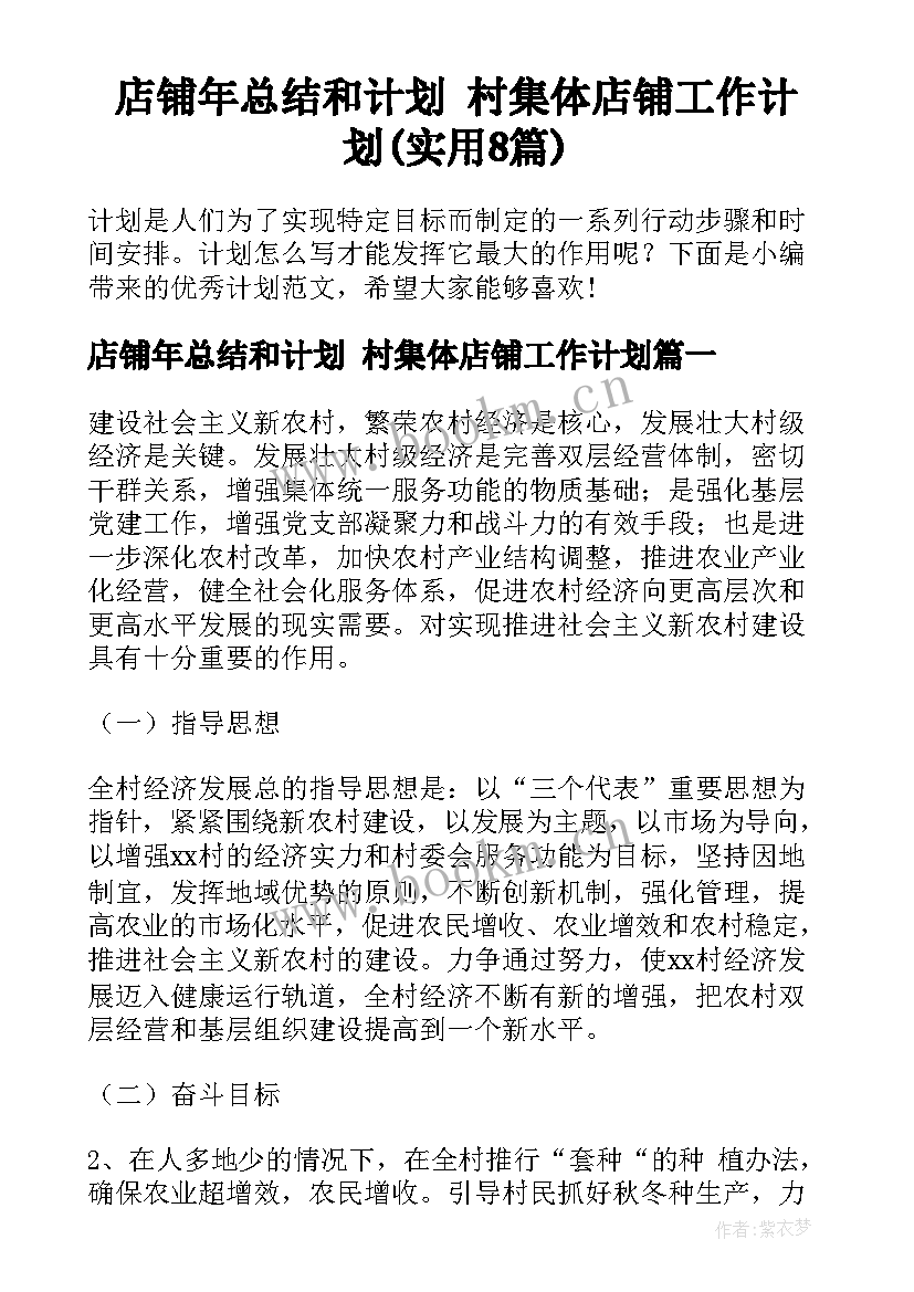 店铺年总结和计划 村集体店铺工作计划(实用8篇)